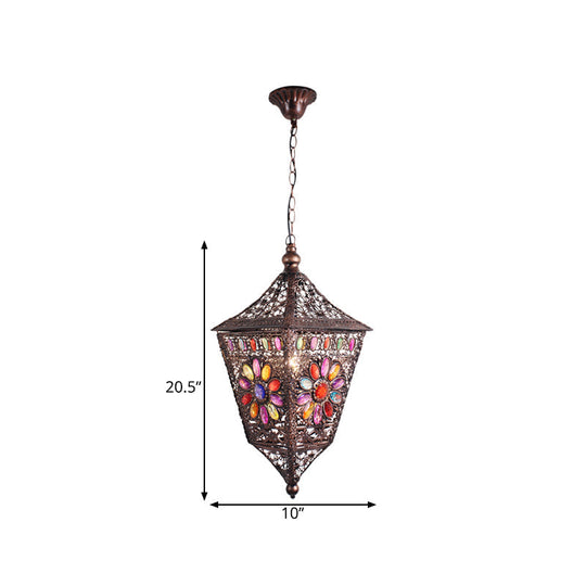 Traditional Rust Lantern Hanging Lamp Kit For Restaurant Suspension Lighting - 1 Head Metal Design