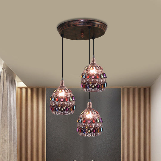 Rust Metal Dome Pendant Lamp With 3 Bulbs - Traditional Multi Light Suspension For Bedroom