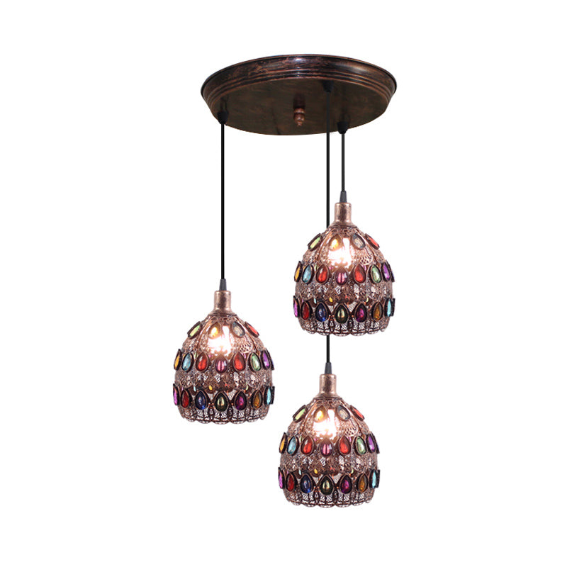 Rust Metal Dome Pendant Lamp With 3 Bulbs - Traditional Multi Light Suspension For Bedroom