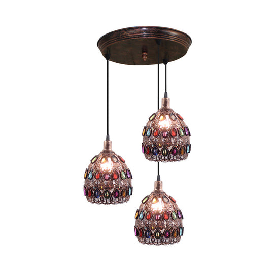 Rust Metal Dome Pendant Lamp With 3 Bulbs - Traditional Multi Light Suspension For Bedroom
