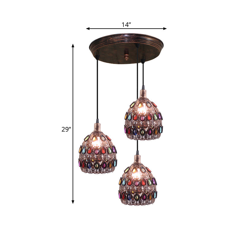 Rust Metal Dome Pendant Lamp With 3 Bulbs - Traditional Multi Light Suspension For Bedroom