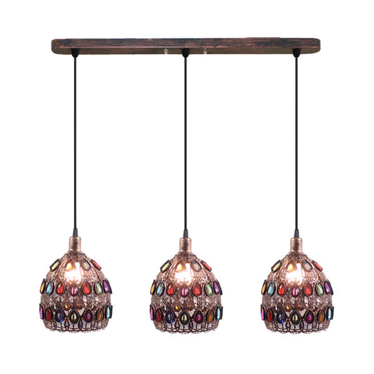 Rust Metal Dome Pendant Lamp With 3 Bulbs - Traditional Multi Light Suspension For Bedroom