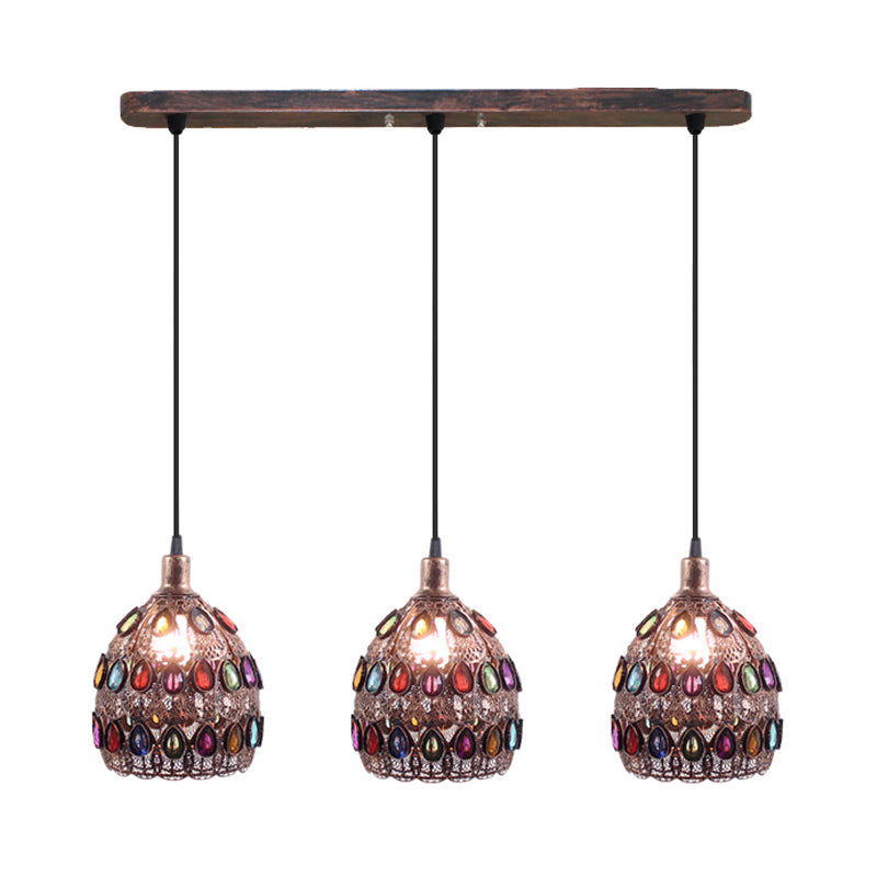 Rust Metal Dome Pendant Lamp With 3 Bulbs - Traditional Multi Light Suspension For Bedroom / Linear