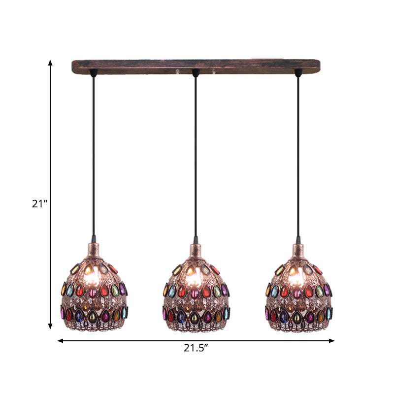Rust Metal Dome Pendant Lamp With 3 Bulbs - Traditional Multi Light Suspension For Bedroom