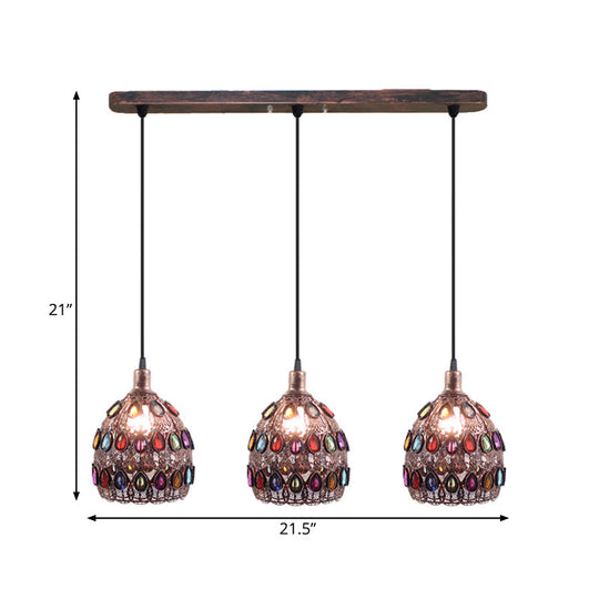Rust Metal Dome Pendant Lamp With 3 Bulbs - Traditional Multi Light Suspension For Bedroom