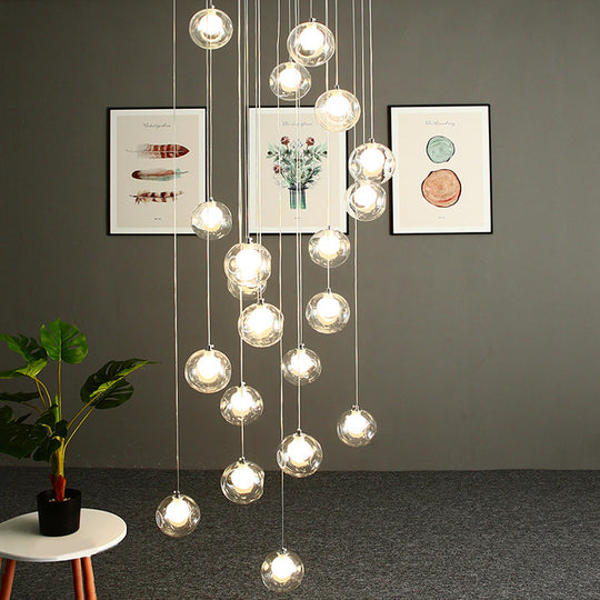 Modernist Ball Clear Dimpled Glass Multi Lamp Pendant With 16 Hanging Heads - White