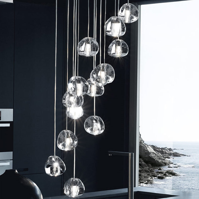 Modern LED Cluster Pendant Light with 14 Silver Bulbs and Clear Concave Glass