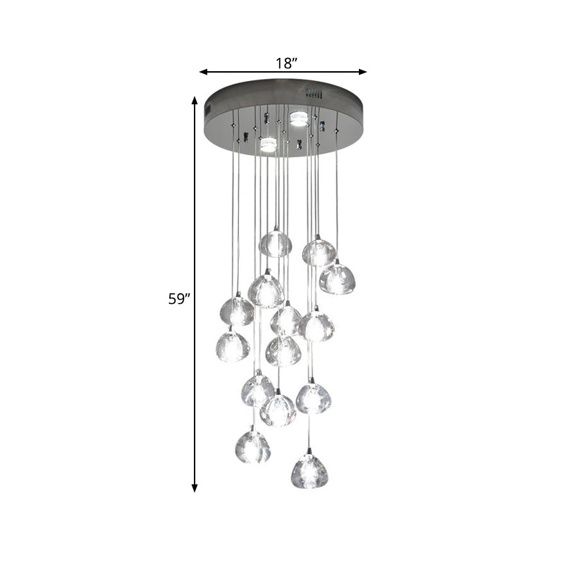 Modern LED Cluster Pendant Light with 14 Silver Bulbs and Clear Concave Glass