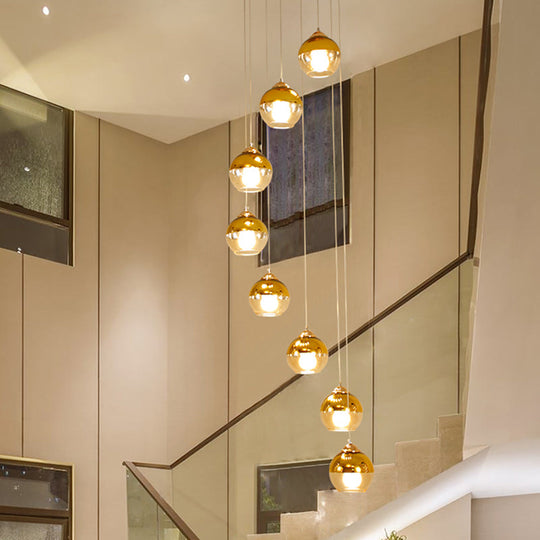 Modern Gold Cluster Pendant Lamp with Clear Glass and LED Lights - 8-Head Ceiling Fixture for Stairs