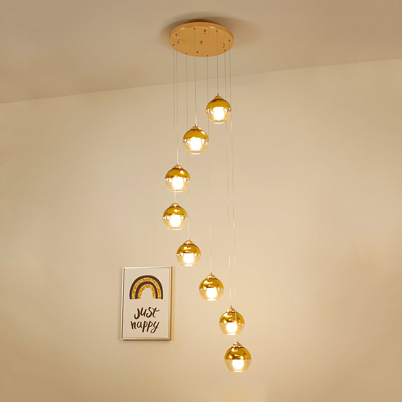 Modern Gold Cluster Pendant Lamp with Clear Glass and LED Lights - 8-Head Ceiling Fixture for Stairs