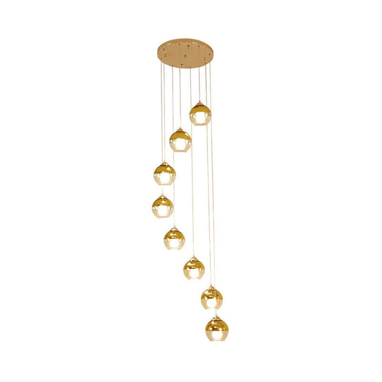 Modern Gold Cluster Pendant Lamp with Clear Glass and LED Lights - 8-Head Ceiling Fixture for Stairs