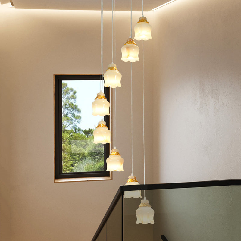 Modern White Glass Floral Pendant Light With 8 Gold Lights For Stair Hanging