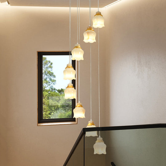 Modern White Glass Floral Pendant Light With 8 Gold Lights For Stair Hanging