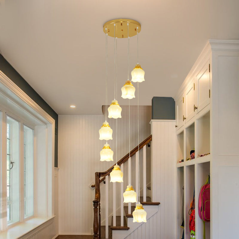 Modern White Glass Floral Pendant Light With 8 Gold Lights For Stair Hanging