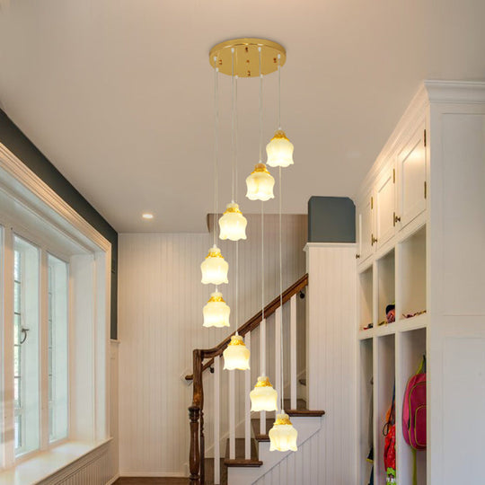 Modern White Glass Floral Pendant Light With 8 Gold Lights For Stair Hanging