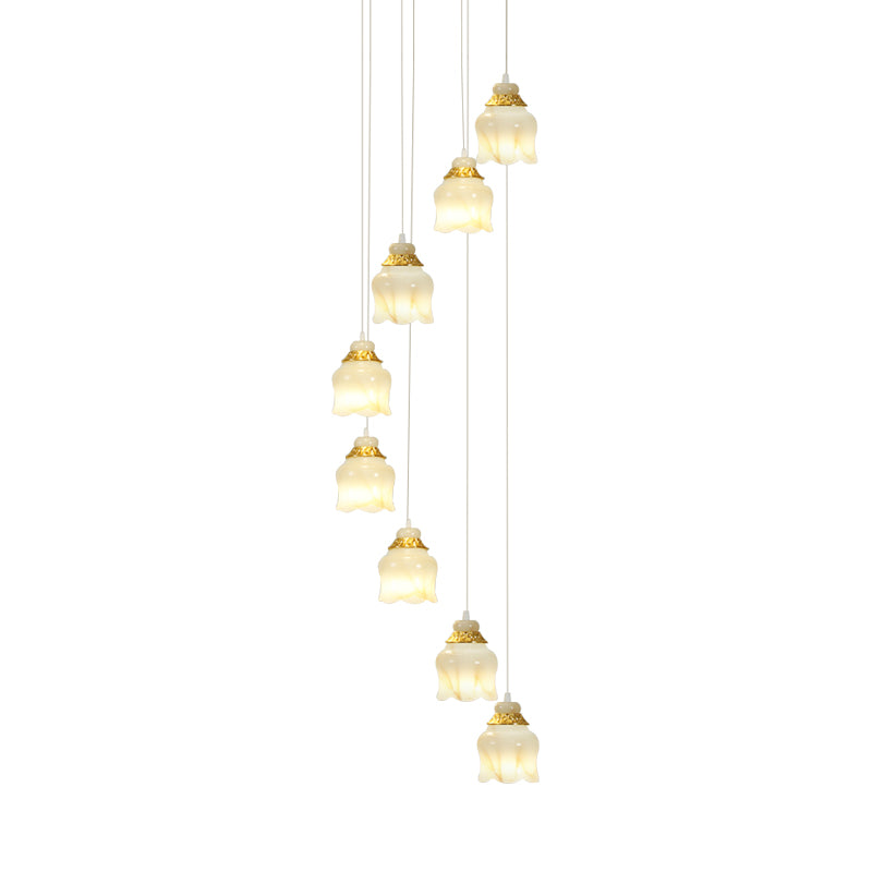Modern White Glass Floral Pendant Light With 8 Gold Lights For Stair Hanging