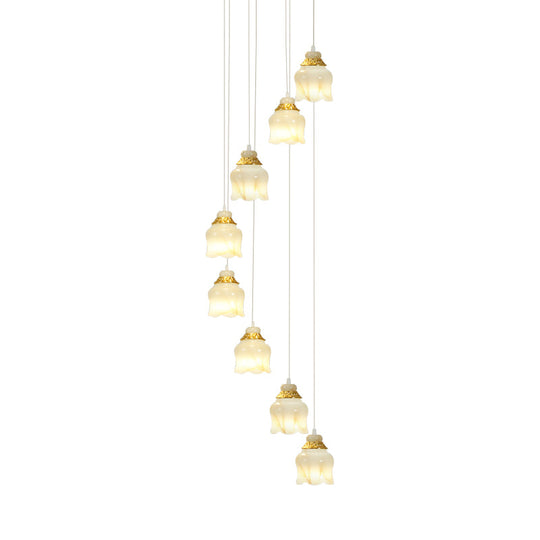 Modern White Glass Floral Pendant Light With 8 Gold Lights For Stair Hanging