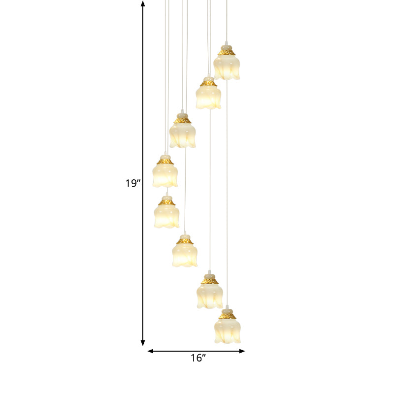 Modern White Glass Floral Pendant Light With 8 Gold Lights For Stair Hanging