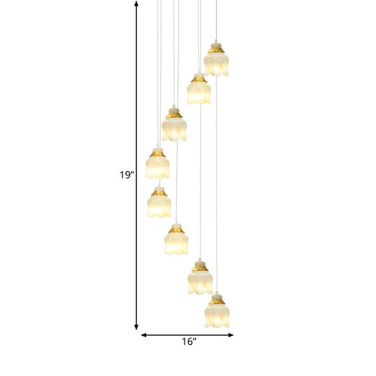 Modern White Glass Floral Pendant Light With 8 Gold Lights For Stair Hanging