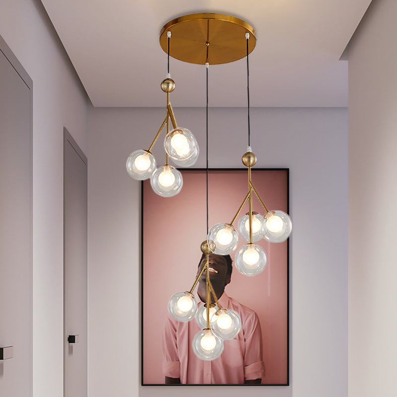 Modern Black/Gold Multi-Light Pendant With 12 Led Bulbs - Clear/Amber/Smoke Gray Glass Sphere Design