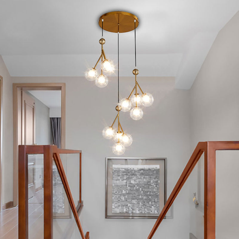 Modern Black/Gold Multi-Light Pendant With 12 Led Bulbs - Clear/Amber/Smoke Gray Glass Sphere Design