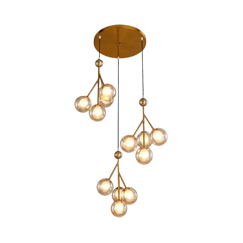 Modern Black/Gold Multi-Light Pendant With 12 Led Bulbs - Clear/Amber/Smoke Gray Glass Sphere Design