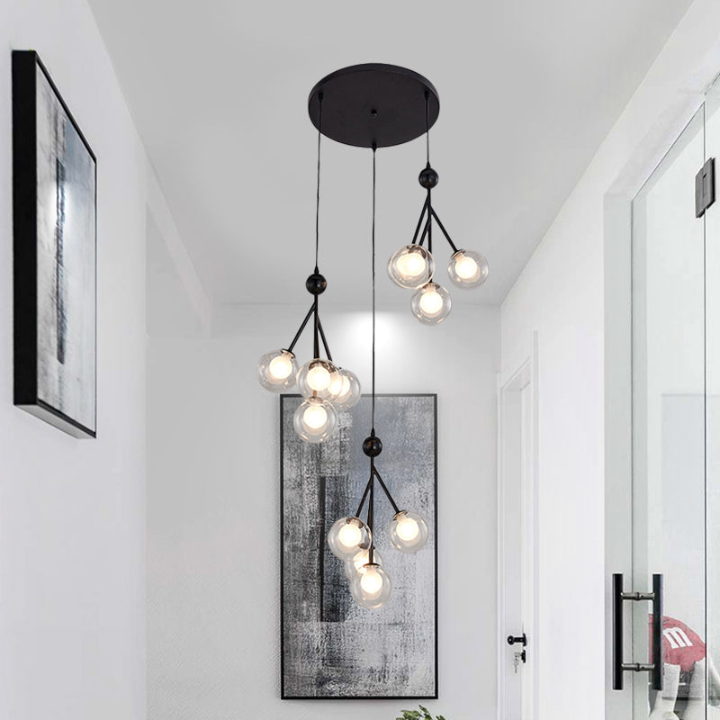Modern Black/Gold Multi-Light Pendant With 12 Led Bulbs - Clear/Amber/Smoke Gray Glass Sphere Design
