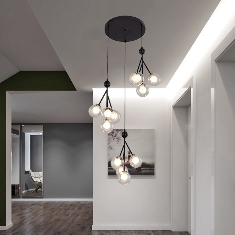 Modern Black/Gold Multi-Light Pendant With 12 Led Bulbs - Clear/Amber/Smoke Gray Glass Sphere Design