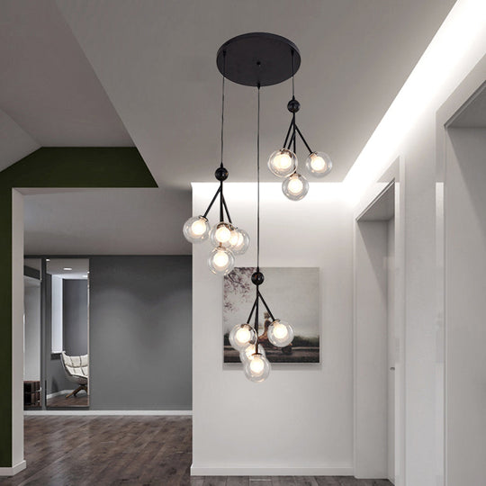 Modern Black/Gold Multi-Light Pendant With 12 Led Bulbs - Clear/Amber/Smoke Gray Glass Sphere Design