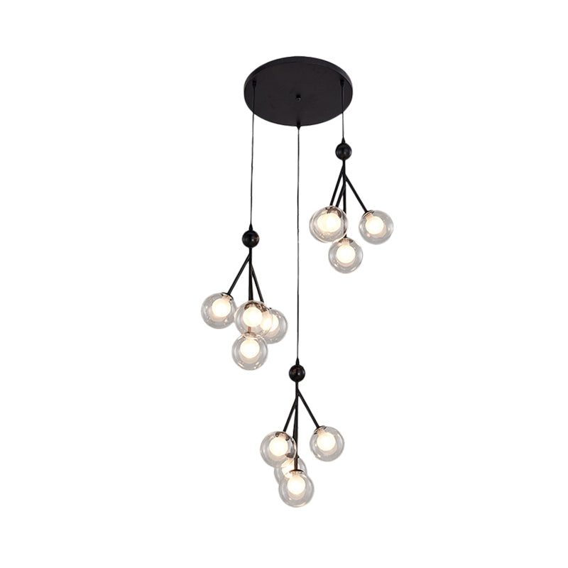 Modern Black/Gold Multi-Light Pendant With 12 Led Bulbs - Clear/Amber/Smoke Gray Glass Sphere Design