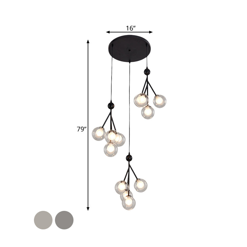 Modern Black/Gold Multi-Light Pendant With 12 Led Bulbs - Clear/Amber/Smoke Gray Glass Sphere Design