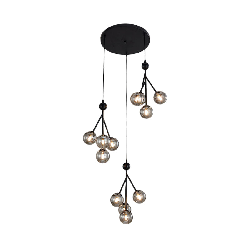 Modern Black/Gold 12-Bulb Multi-Light Pendant LED Hanging Lamp with Clear/Amber/Smoke Gray Glass Spheres