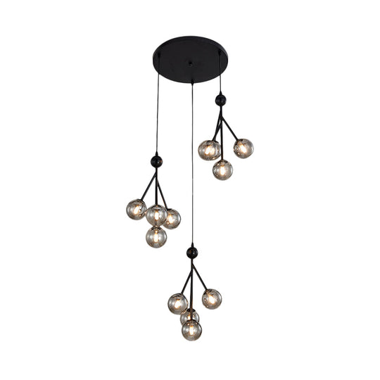 Modern Black/Gold Multi-Light Pendant With 12 Led Bulbs - Clear/Amber/Smoke Gray Glass Sphere Design