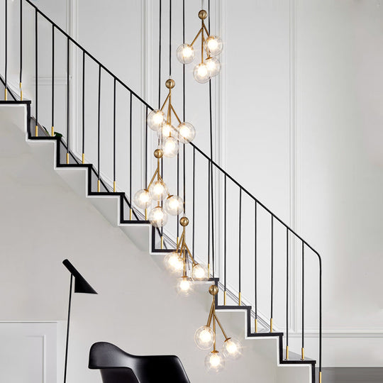 Minimalist 20-Light Stair Cluster Pendant Lamp With Clear/Amber/Smoke Gray Glass And Black/Gold