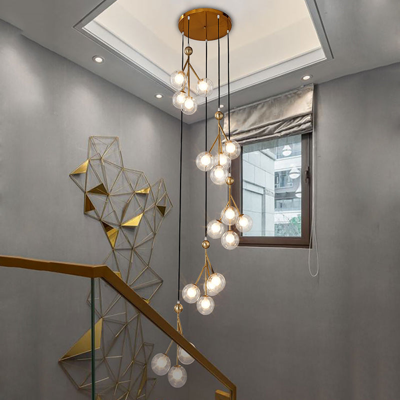 Minimalist Clear/Amber/Smoke Gray Glass Stair Cluster Pendant Lamp - Global 20-Light Ceiling Light in Black/Gold