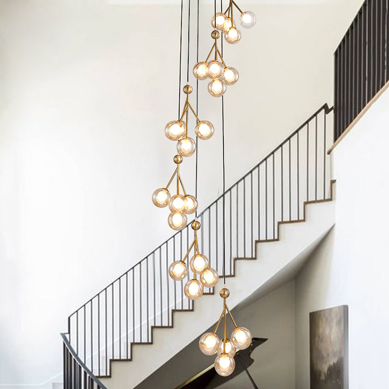 Minimalist Clear/Amber/Smoke Gray Glass Stair Cluster Pendant Lamp - Global 20-Light Ceiling Light in Black/Gold