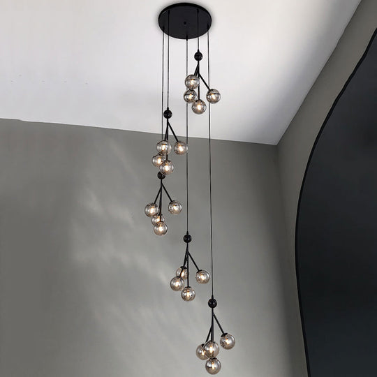 Minimalist Clear/Amber/Smoke Gray Glass Stair Cluster Pendant Lamp - Global 20-Light Ceiling Light in Black/Gold