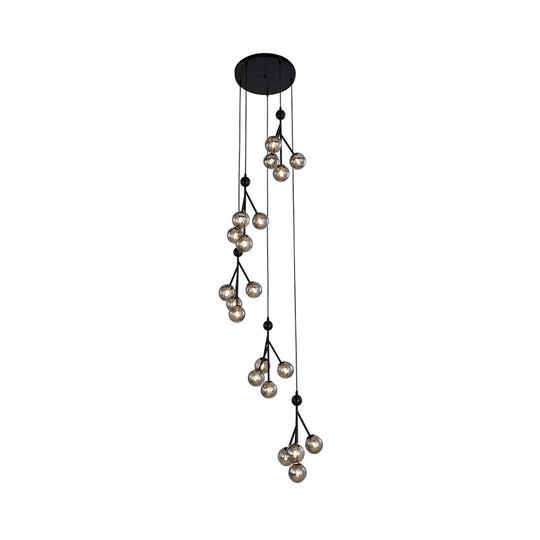 Minimalist Clear/Amber/Smoke Gray Glass Stair Cluster Pendant Lamp - Global 20-Light Ceiling Light in Black/Gold