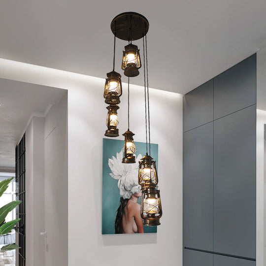 Contemporary Bronze Lantern Stair Pendant - 6 Bulbs Metallic Hanging Lamp