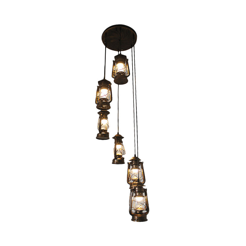 Contemporary Bronze Lantern Stair Pendant - 6-Bulb Metallic Hanging Lamp