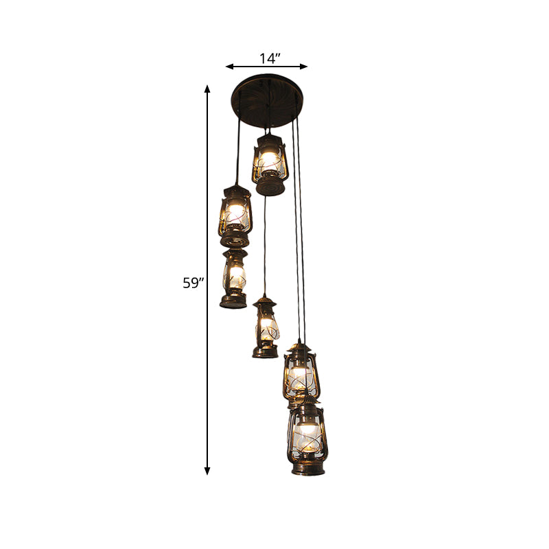 Contemporary Bronze Lantern Stair Pendant - 6 Bulbs Metallic Hanging Lamp