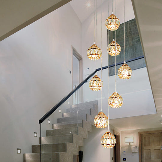 Modern Gold Crystal Pendant Light Cluster with 8 Lights for Stair - Meteor Shower Inspired Hanging Ceiling Fixture