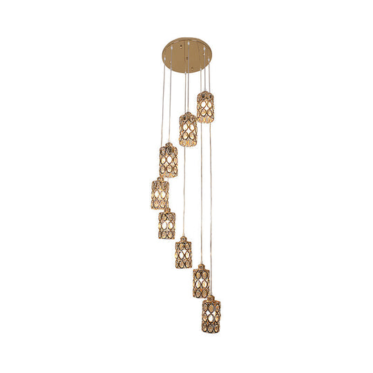 Contemporary Gold Stair Pendant With 8 Cylinder Shade Multi-Lights