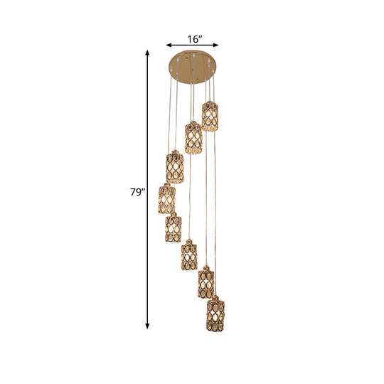 Contemporary Gold Stair Pendant With 8 Cylinder Shade Multi-Lights