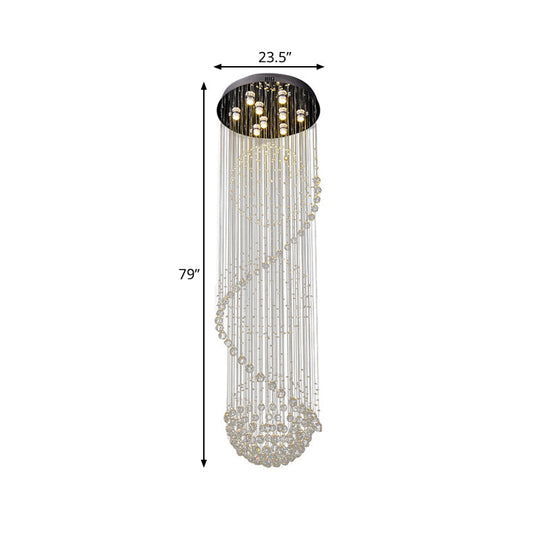 Modern Black Crystal Pendant with Clear Orbs and Rods - 9-Bulb LED Ceiling Fixture for Staircase