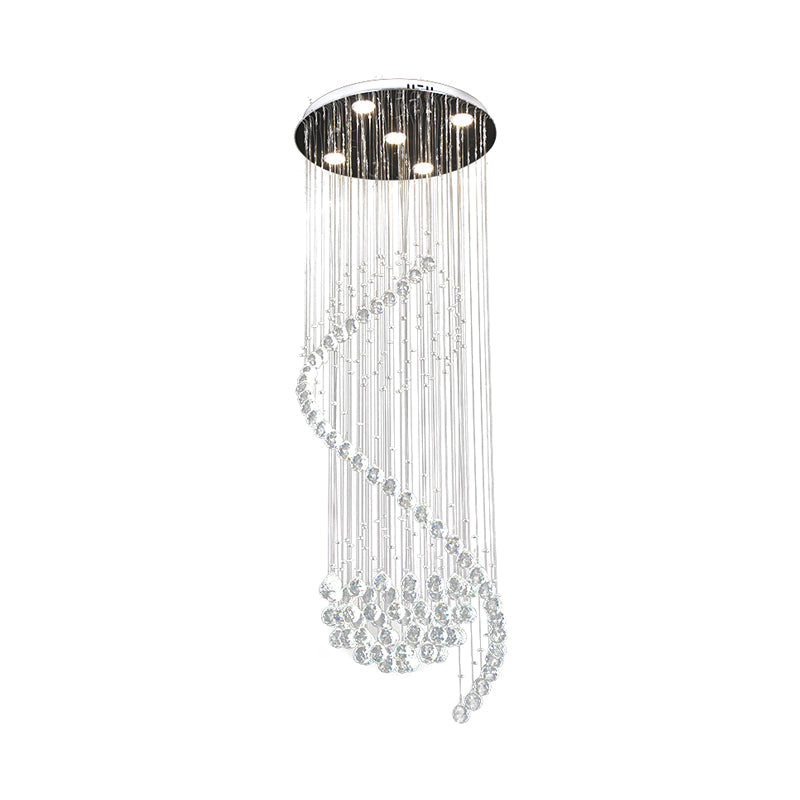 Contemporary Clear Crystal Spiral Pendant with 5 LED Lights - Stylish Living Room Hanging Lamp