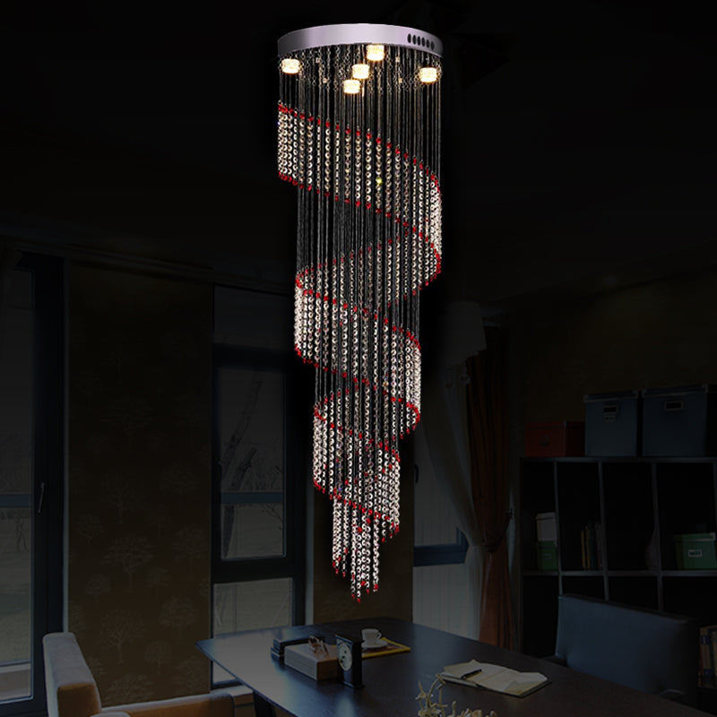 Modern Spiral Cascades Hanging Lamp - 5 Bulbs Silver Clear And Red Crystal Led Multi Light Pendant