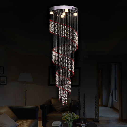 Spiral Cascade Hanging Lamp - Modern Silver with Clear and Red Crystal LED Pendant, Set of 5 Bulbs