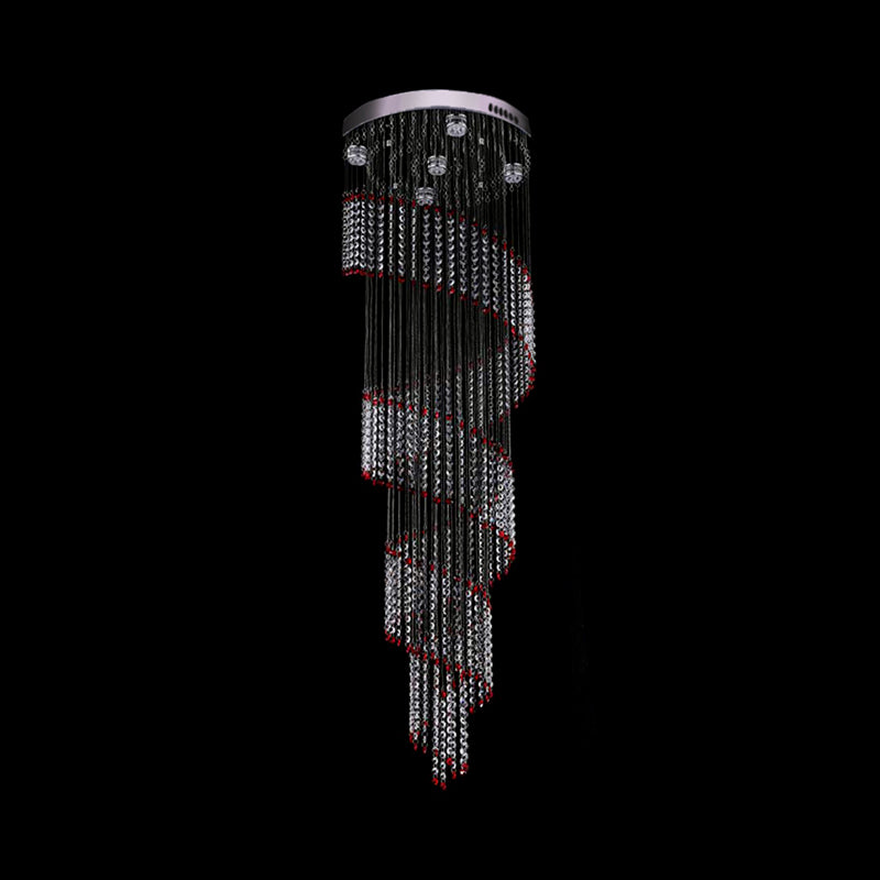 Modern Spiral Cascades Hanging Lamp - 5 Bulbs Silver Clear And Red Crystal Led Multi Light Pendant