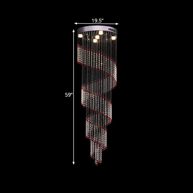 Spiral Cascade Hanging Lamp - Modern Silver with Clear and Red Crystal LED Pendant, Set of 5 Bulbs